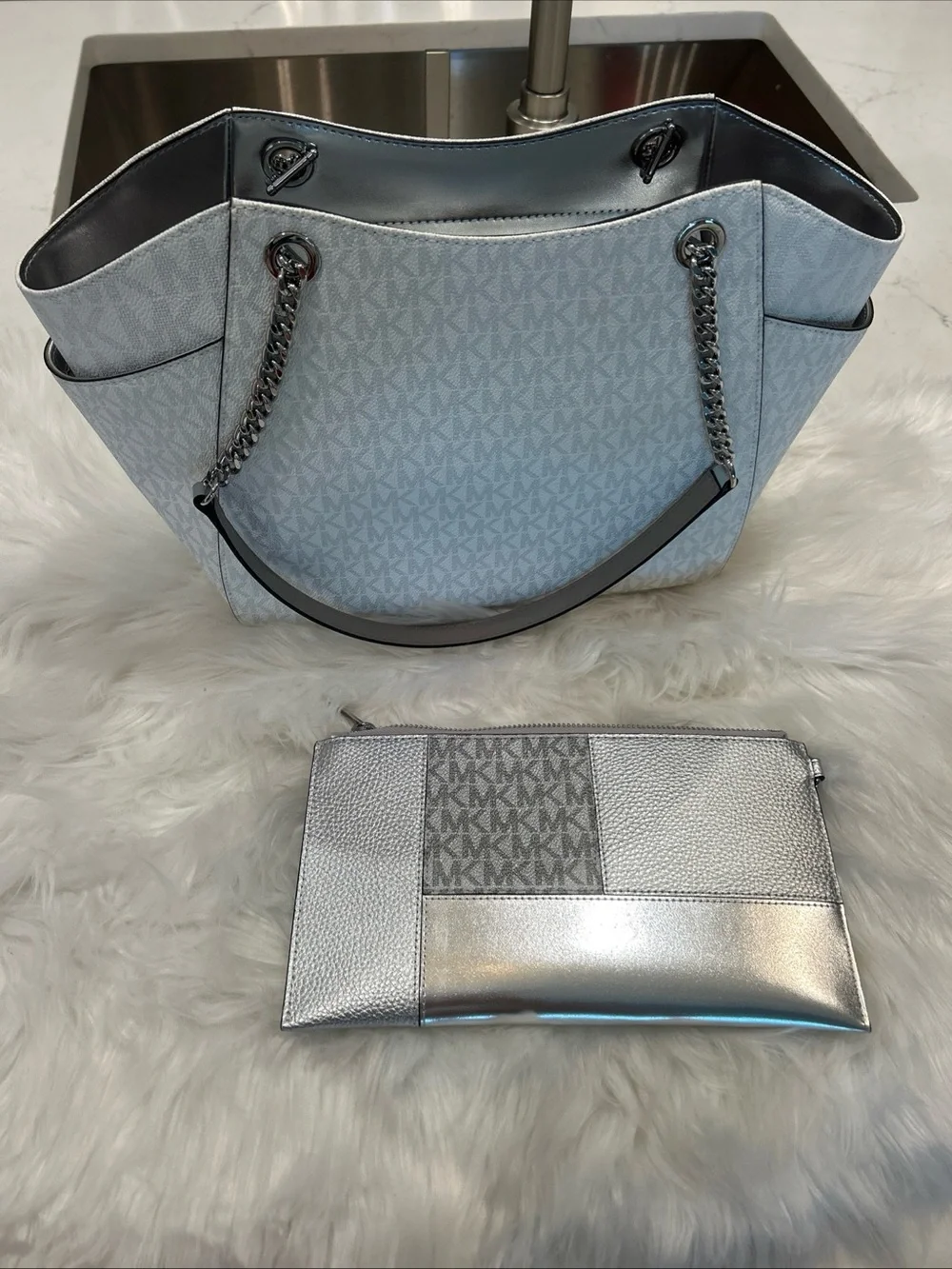 Michael Kors Silver MK Logo Tote with Matching Silver Wristlet